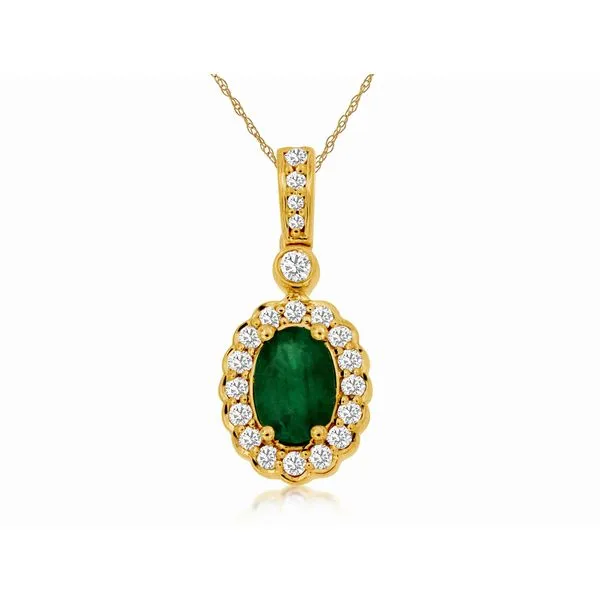 14K Yellow Gold Emerald and Diamond Scalloped Halo Pendant Quality Gem LLC Bethel, CT