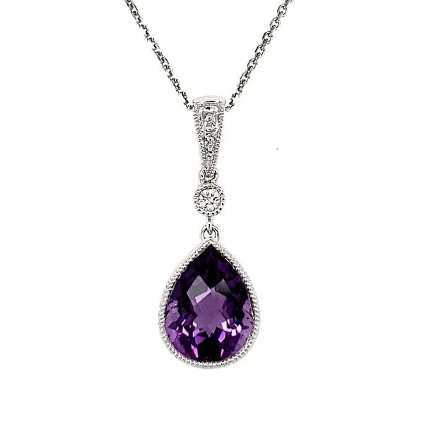 14K White Gold Milgrain Pear Amethyst & Diamond Pendant Quality Gem LLC Bethel, CT