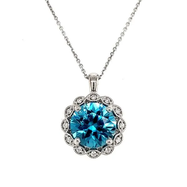 14K White Gold Blue Zircon & Antique Diamond Halo Pendant Image 2 Quality Gem LLC Bethel, CT