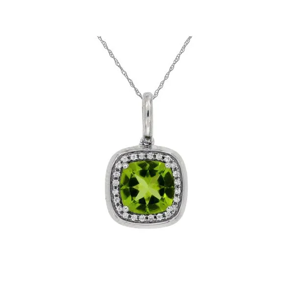 14K White Gold Peridot and Diamond Cushion Halo Pendant Length 18 Inches Quality Gem LLC Bethel, CT