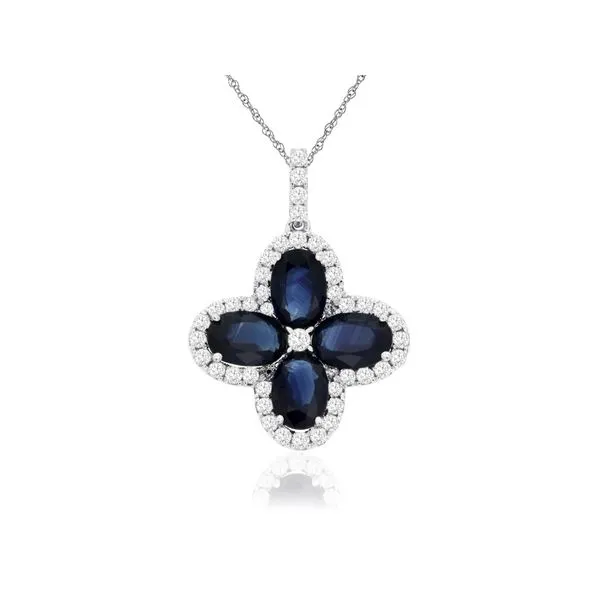 14K White Gold Sapphire and Diamond Quatrefoil Pendant Length 18 Inches Quality Gem LLC Bethel, CT