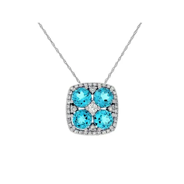 14K White Gold Blue Topaz and Diamond Cushion Flower Halo Pendant Length 18 Inches Quality Gem LLC Bethel, CT