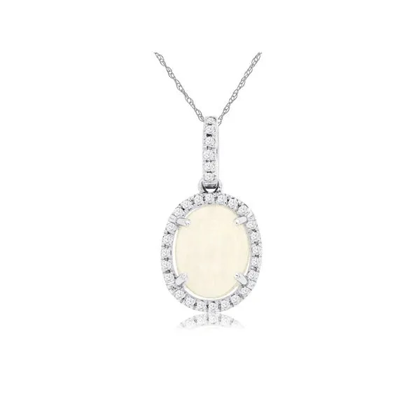 14K White Gold Opal and Diamond Oval Halo Pendant length 18 Inches Quality Gem LLC Bethel, CT