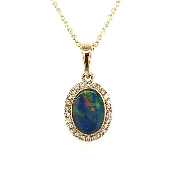 14K Yellow Gold Opal Doublet and Diamond Halo Pendant Length: 18 Inches Quality Gem LLC Bethel, CT