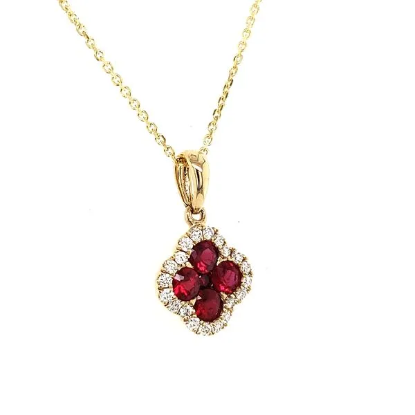 14K Yellow Gold Ruby and Diamond Quatrefoil Pendant Length 18 Inches Image 2 Quality Gem LLC Bethel, CT