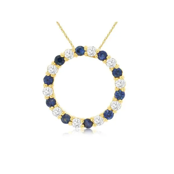 14K Yellow Gold Sapphire and Diamond Circle Pendant Length 18 Inches Quality Gem LLC Bethel, CT