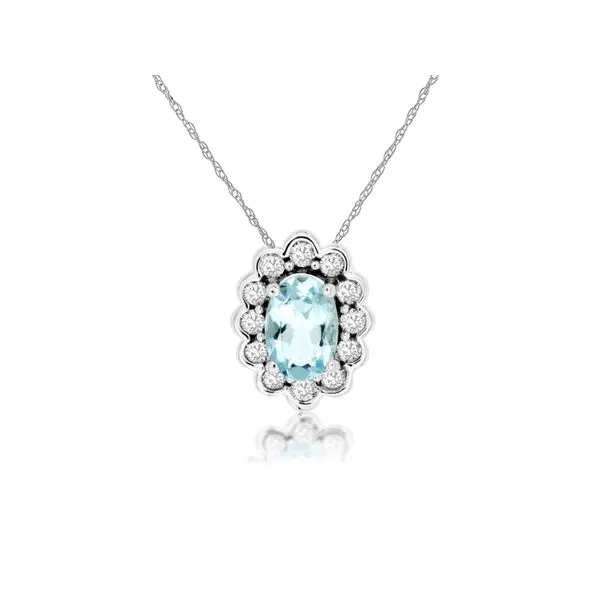 14K White Gold Aquamarine and Diamond Bezel Halo Pendant Length 18 Inches Quality Gem LLC Bethel, CT
