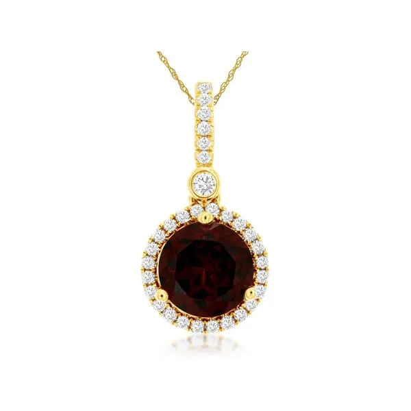 14K Yellow Gold Garnet and Diamond Halo Pendant Length 18 Inches Quality Gem LLC Bethel, CT