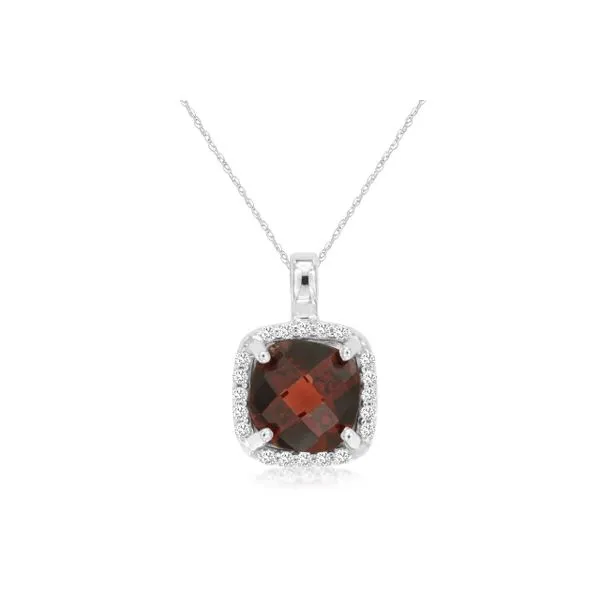 14K White Gold Garnet and Diamond Cushion Halo Pendant Length 18 Inches Quality Gem LLC Bethel, CT