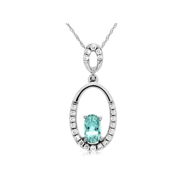 14K White Gold Aquamarine & Diamond Open Oval Pendant Length 18 Inches Quality Gem LLC Bethel, CT