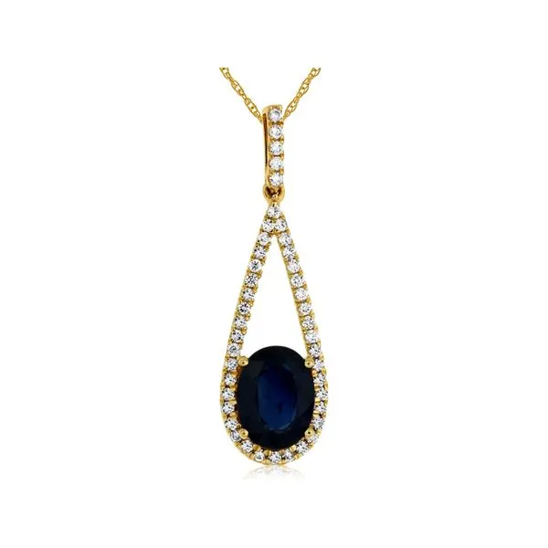 14K Yellow Gold Sapphire and Diamond Open Teardrop Halo Pendant Length 18 Inches Quality Gem LLC Bethel, CT