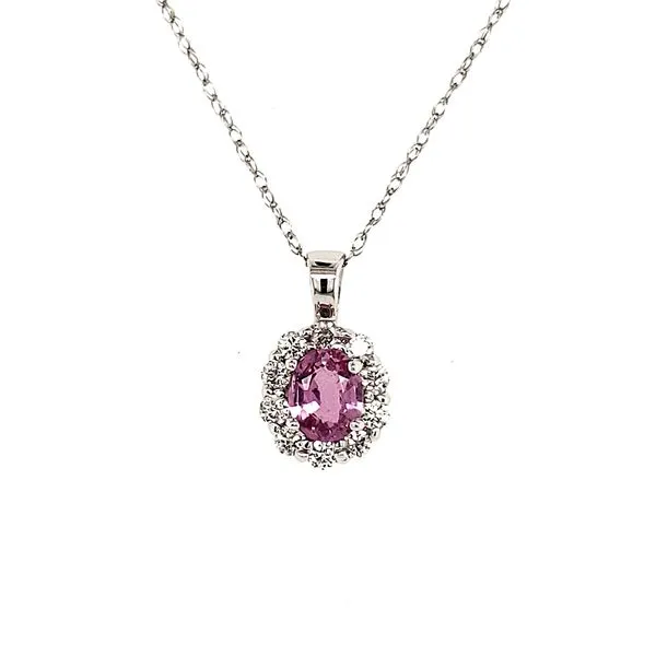 14K White Gold Pink Sapphire and Diamond Halo Pendant Length 18 Inches Quality Gem LLC Bethel, CT