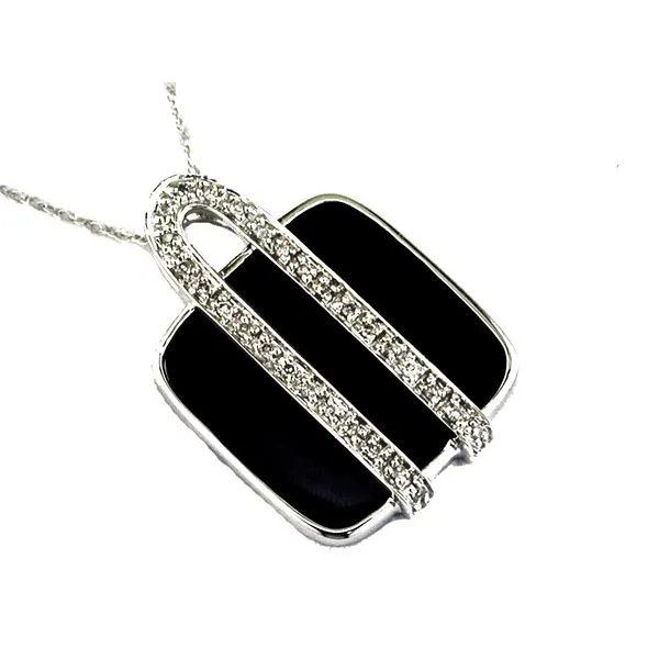 14K white Gold Onyx and Diamond Pendant Length 18 Inches Quality Gem LLC Bethel, CT
