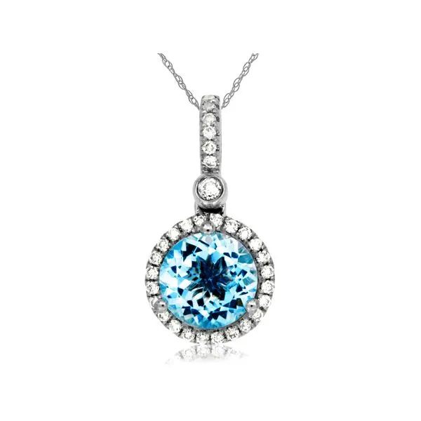 14K White Gold Blue Topaz and Diamond Halo Pendant length 18 Inches Quality Gem LLC Bethel, CT