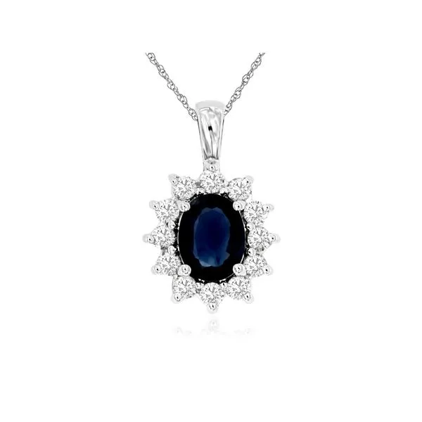 14K White Gold Sapphire and Diamond Pronged Halo Pendant Length 18 Inches Quality Gem LLC Bethel, CT