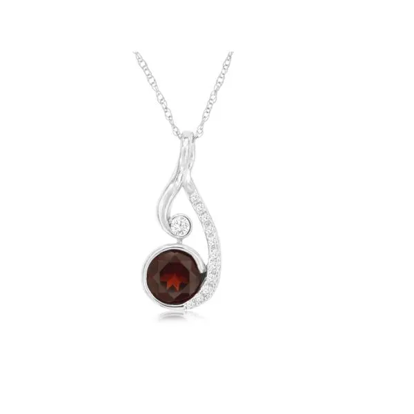 14K White Gold Garnet and Diamond Swirl Pendant Length 18 Inches Quality Gem LLC Bethel, CT