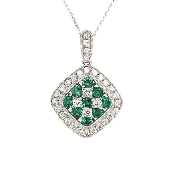 14K White Gold Emerald and Diamond Angled Cushion Halo Pendant Length 18 Inches Quality Gem LLC Bethel, CT