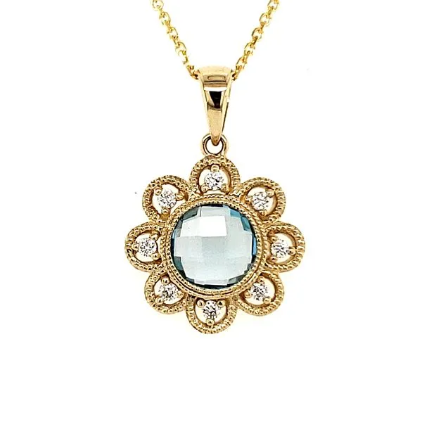 14K Yellow Gold Floral Blue Topaz Pendant Length 18 Inches Quality Gem LLC Bethel, CT