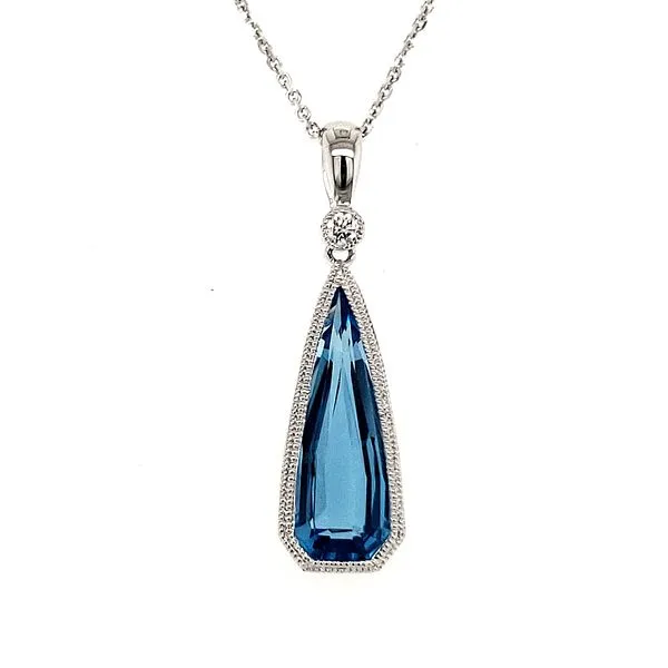 14K White Gold Elongated Pear Blue Topaz and Diamond Milgrain Bezel Pendant Length 18 Inches Quality Gem LLC Bethel, CT