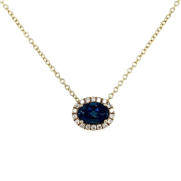 14K Yellow Gold London Blue Topaz and Diamond East West Halo Pendant Length 18 Inches Quality Gem LLC Bethel, CT