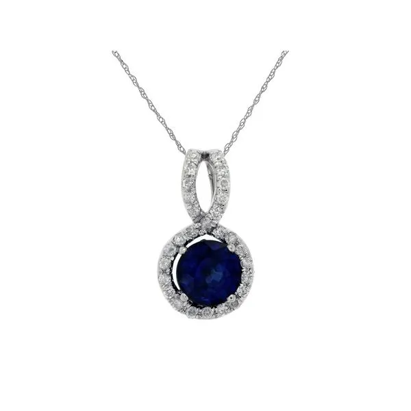 14K White Gold Sapphire and Diamond Swirl Halo Pendant Length 18 Inches Quality Gem LLC Bethel, CT