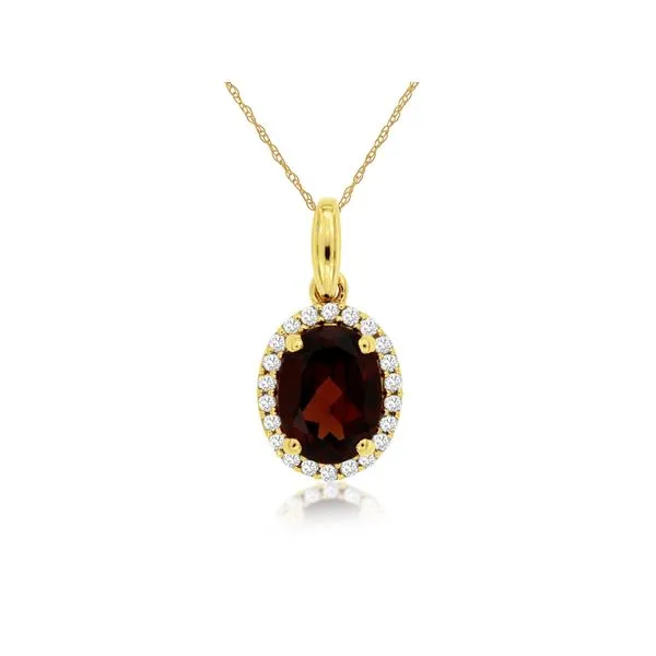 14K Yellow Gold Garnet and Diamond Oval Halo Pendant Length 18 Inches Quality Gem LLC Bethel, CT