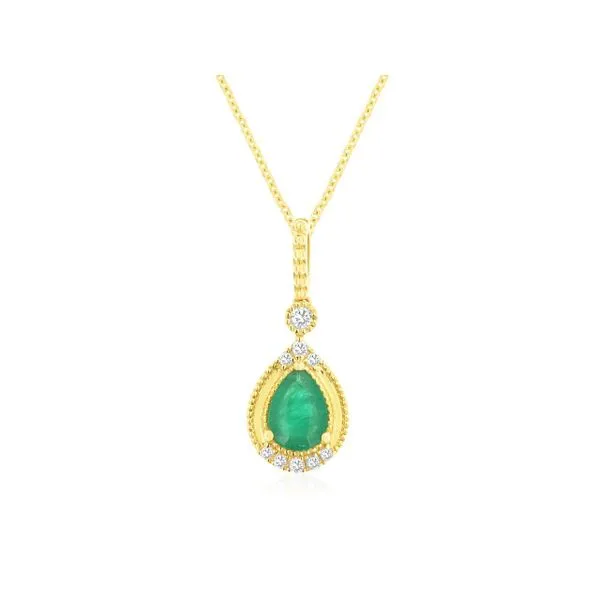 14K Yellow Gold Emerald and Diamond Beaded  Halo Pendant Length 18 Inches Quality Gem LLC Bethel, CT