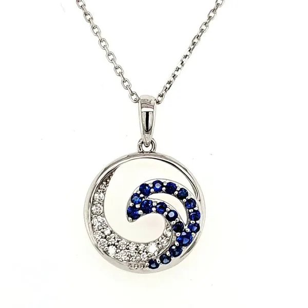 14K White Gold Sapphire and Diamond Ocean Wave Pendant Length 18 Inches Quality Gem LLC Bethel, CT