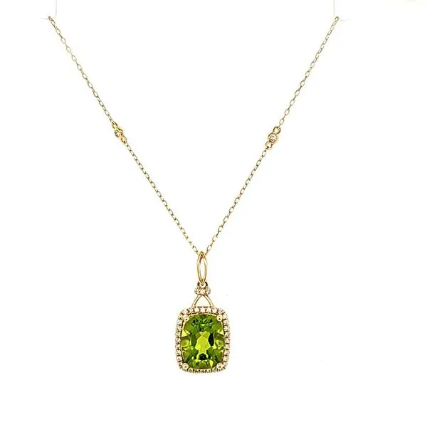 14K Yellow Gold Peridot and Diamond Halo Pendant Length 18 Inches Quality Gem LLC Bethel, CT