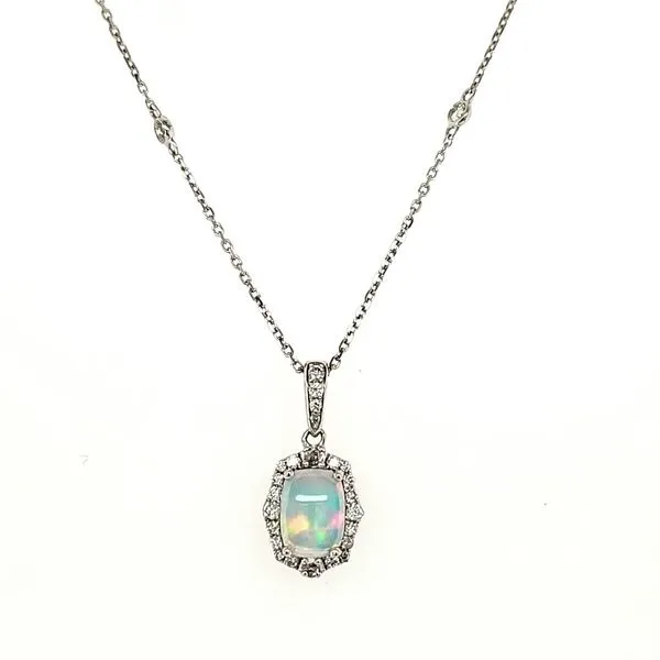 14K White Gold Ethiopian Opan and Diamond Scalloped Halo Pendant Length 18 Inches Quality Gem LLC Bethel, CT