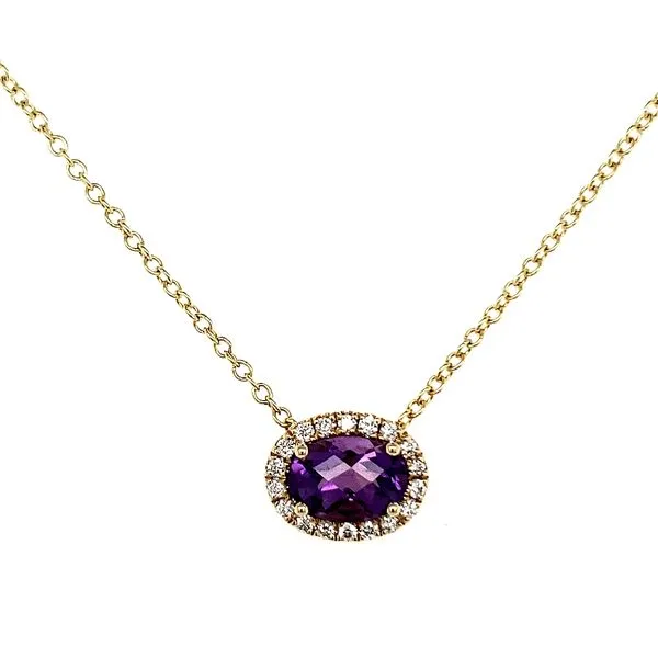 14K Yellow Gold Amethyst and Diamond East West Halo Pendant Length 18 Inches Quality Gem LLC Bethel, CT