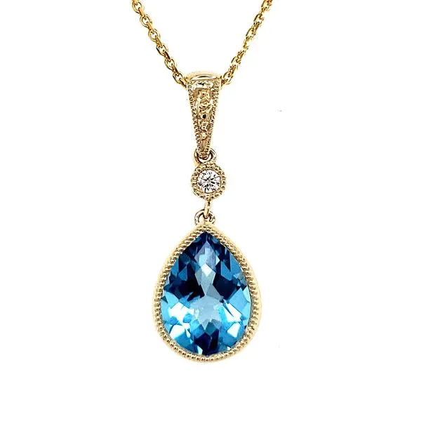 14K Yellow Gold Blue Topaz and Diamond Beaded Bezel Pendant Length 18 Inches Quality Gem LLC Bethel, CT
