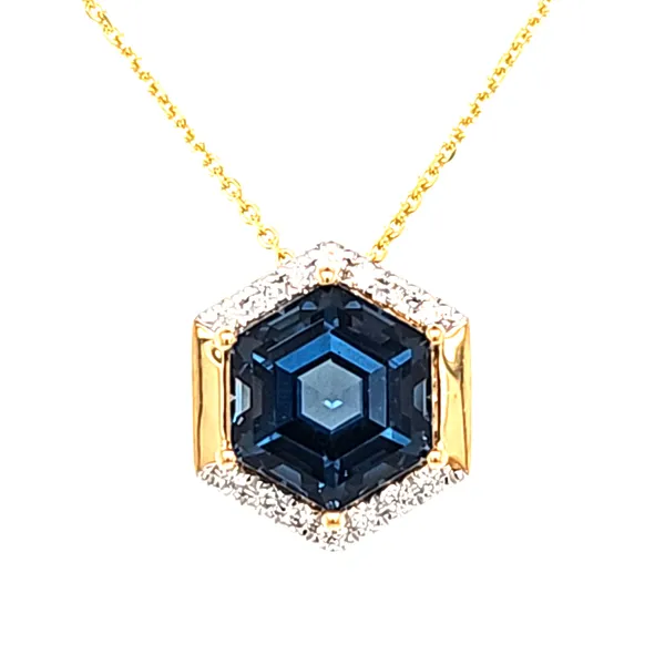 14K yellow Gold London Blue Topaz and Diamond Hexagon Pendant Length 18 Inches Quality Gem LLC Bethel, CT