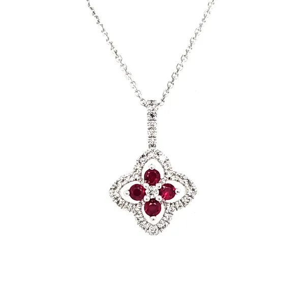 14K White Gold Ruby and Diamond Clover Pendant Length 18 Inches Quality Gem LLC Bethel, CT
