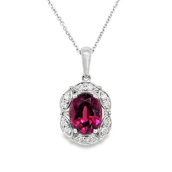 14K White Gold Rhodolite Garnet and Diamond Scalloped Halo Pendant Length 18 Inches Quality Gem LLC Bethel, CT