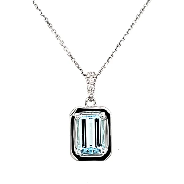 14K White Gold Emerald Cut Aquamarine and Diamond Pendant Length 18 Inches Quality Gem LLC Bethel, CT