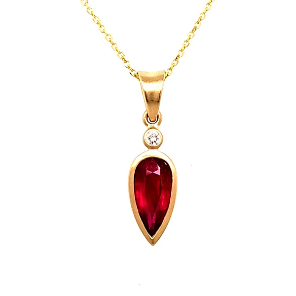 14K Yellow Gold Ruby and and Diamond Bezel Pendant Length 18 Inches Quality Gem LLC Bethel, CT