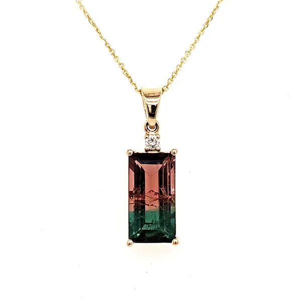 14K Yellow Gold Watermelon Tourmaline and Diamond Pendant Length 18 Inches Quality Gem LLC Bethel, CT