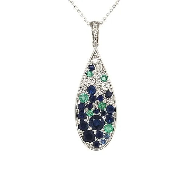 14K White Gold Sapphire, Emerald and Diamond Pave Pear Shape Pendant Length 18 Inches Quality Gem LLC Bethel, CT