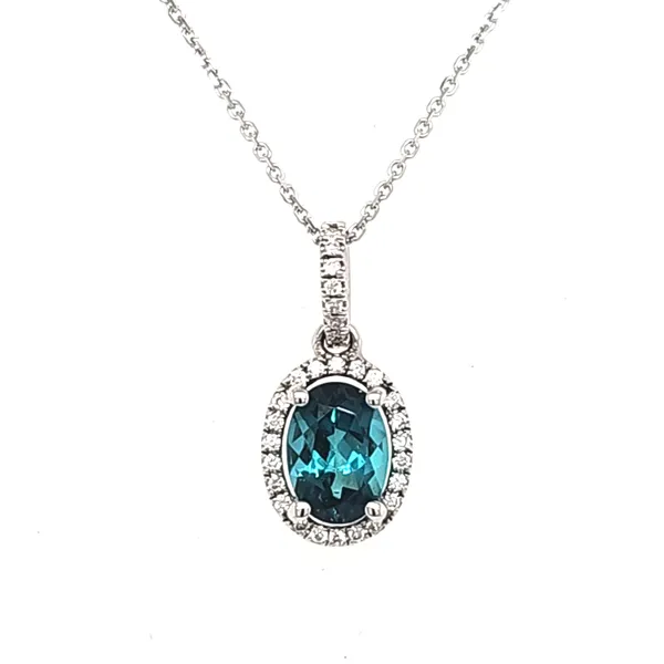 14K White Gold Indicolite and Diamond Oval Halo Pendant Length 18 Inches Quality Gem LLC Bethel, CT