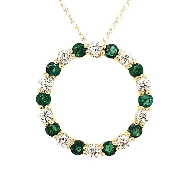14K Yellow Gold Emerald and Diamond Circle Pendant Length 18 Inches Quality Gem LLC Bethel, CT