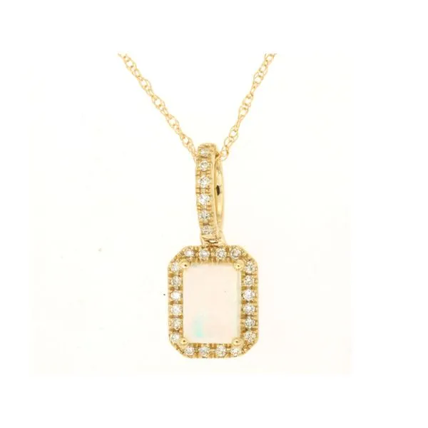 14K Yellow Gold Opal and Diamond Rectangular Halo Pendant Length 18 Inches Quality Gem LLC Bethel, CT