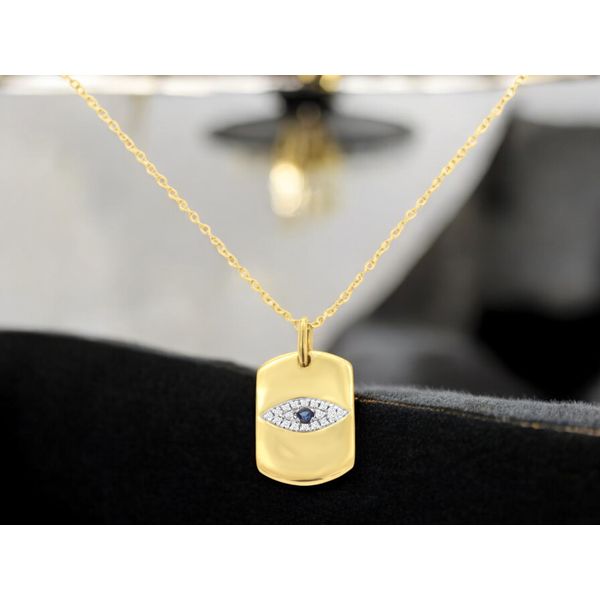 14K Yellow Gold Sapphire and Diamond Evil Eye Pendant Length 18 Inches Image 2 Quality Gem LLC Bethel, CT