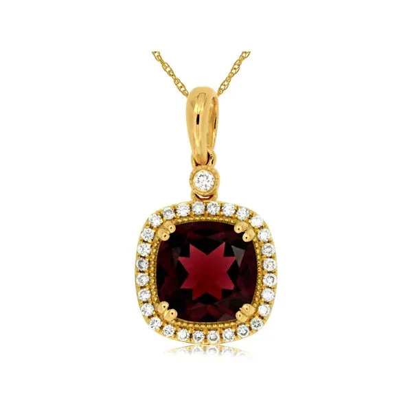 14K Yellow Gold Garnet and Diamond Cushion Halo Pendant Length 18 Inches Quality Gem LLC Bethel, CT