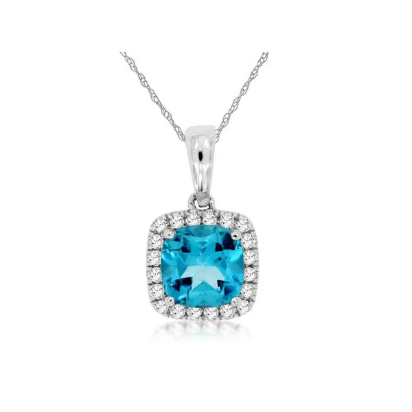14K White Gold Blue Topaz and Diamond Cushion Halo Pendant Length 18 Inches Quality Gem LLC Bethel, CT