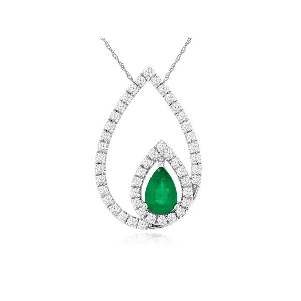 14K White Gold Emerald and Diamond Double Pear Halo Pendant Length 18 Inches Quality Gem LLC Bethel, CT
