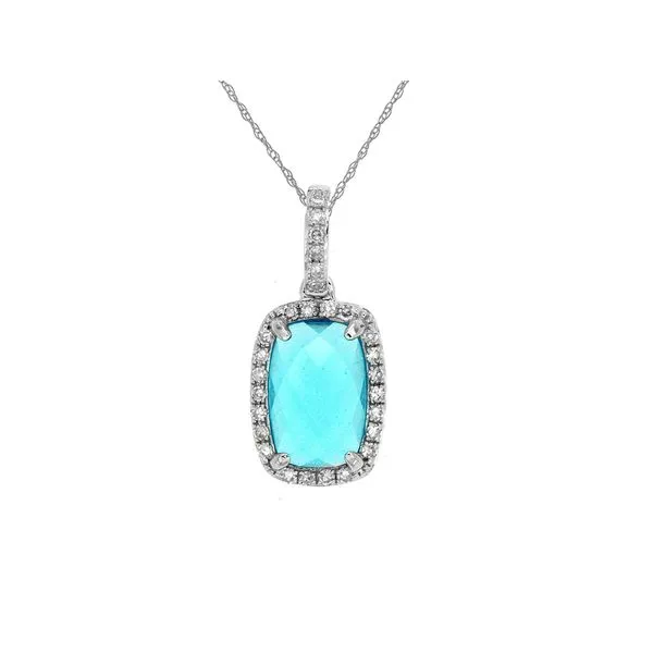 14K White Gold Blue Topaz and Diamond Rectangular Cushion Halo Pendant Length 18 Inches Quality Gem LLC Bethel, CT