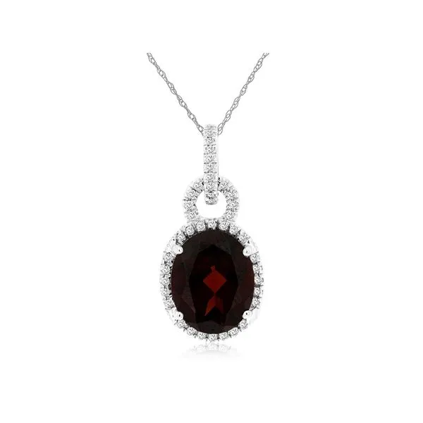 14K White Gold Garnet and Diamond Oval Halo Pendant Length 18 Inches Quality Gem LLC Bethel, CT