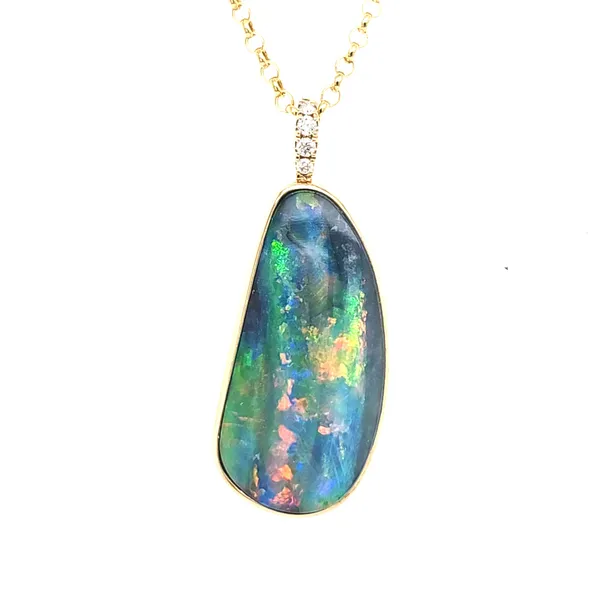 14K Yellow Gold Freeform Opal and Diamond Pendant Length 18 Inches Quality Gem LLC Bethel, CT