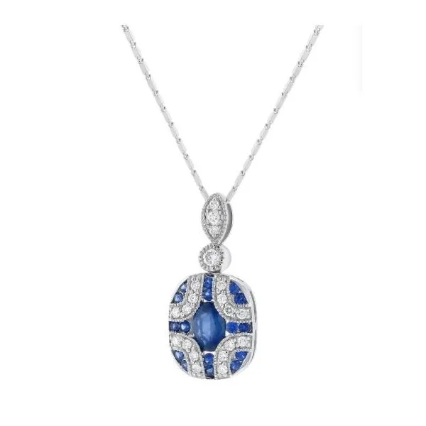 14K White Gold Sapphire and Diamond Art Deco Pendant Length 18 Inches Image 2 Quality Gem LLC Bethel, CT